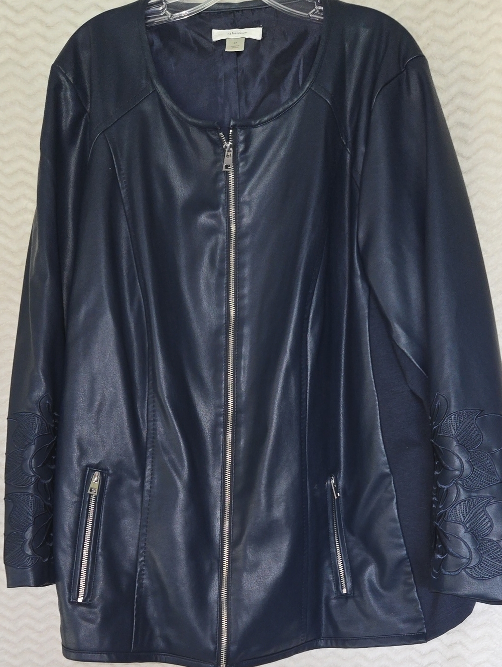 Women's Navy Faux Leather Zip Jacket with Embroidered Sleeves